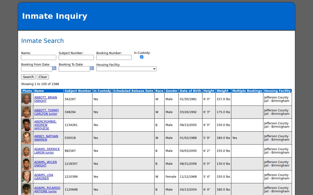 Jefferson County inmate inquiry, a custody search that is not a Hoover neighbor directory