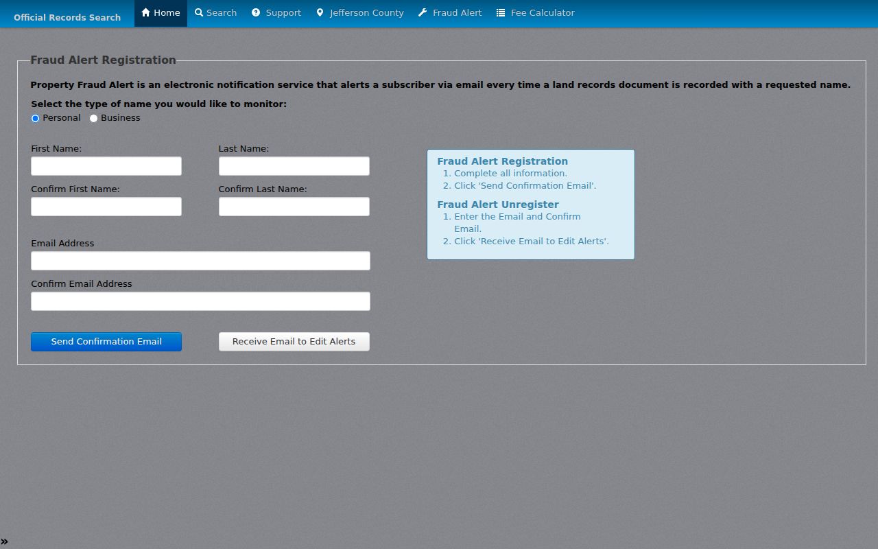 Jefferson County recorded document fraud alert signup for new name-based filings