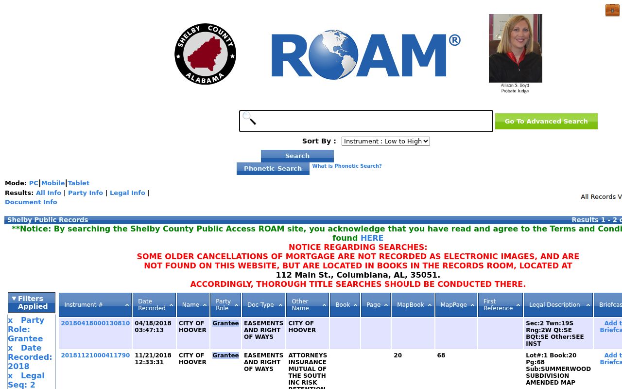 Shelby ROAM sample result with grantee role, instrument, book page, and legal description
