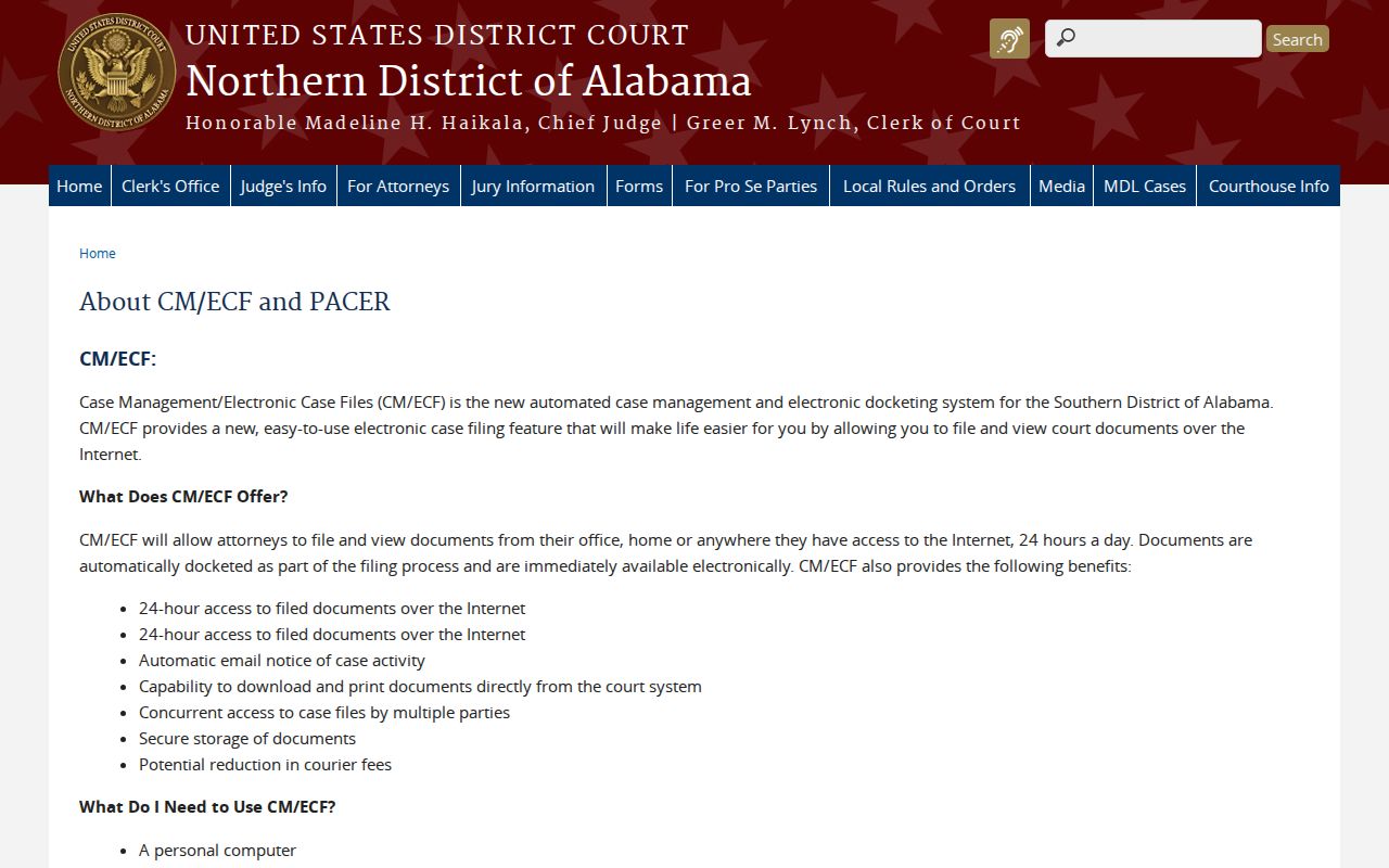 Northern District of Alabama information page for federal PACER and CM ECF access