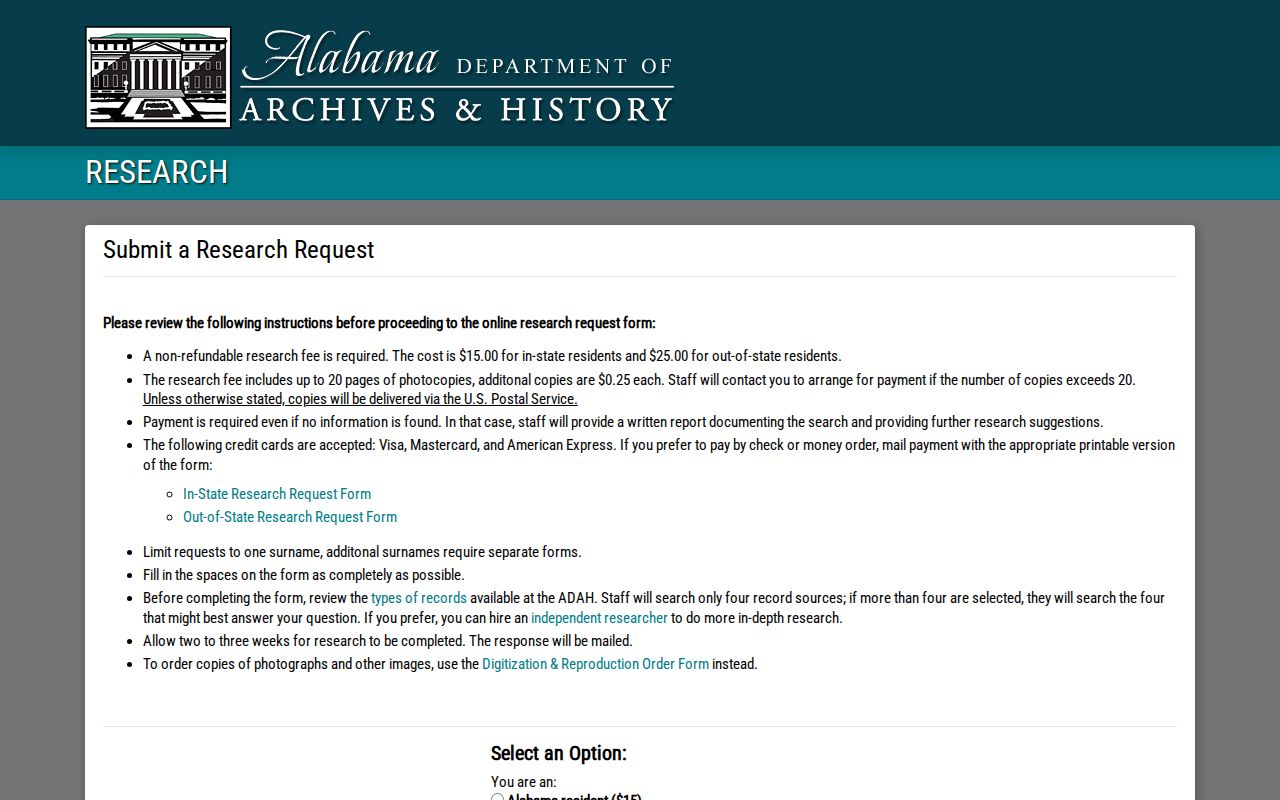Alabama Archives online research request page for historical Hoover-area records
